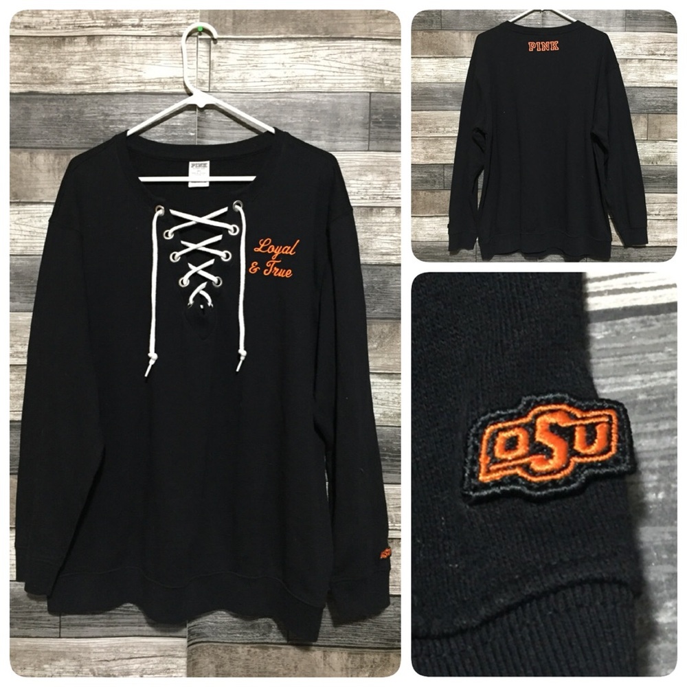 Pink Victoria Secret OSU Oklahoma State Sweatshirt Women’s L Black Orange Tie M5